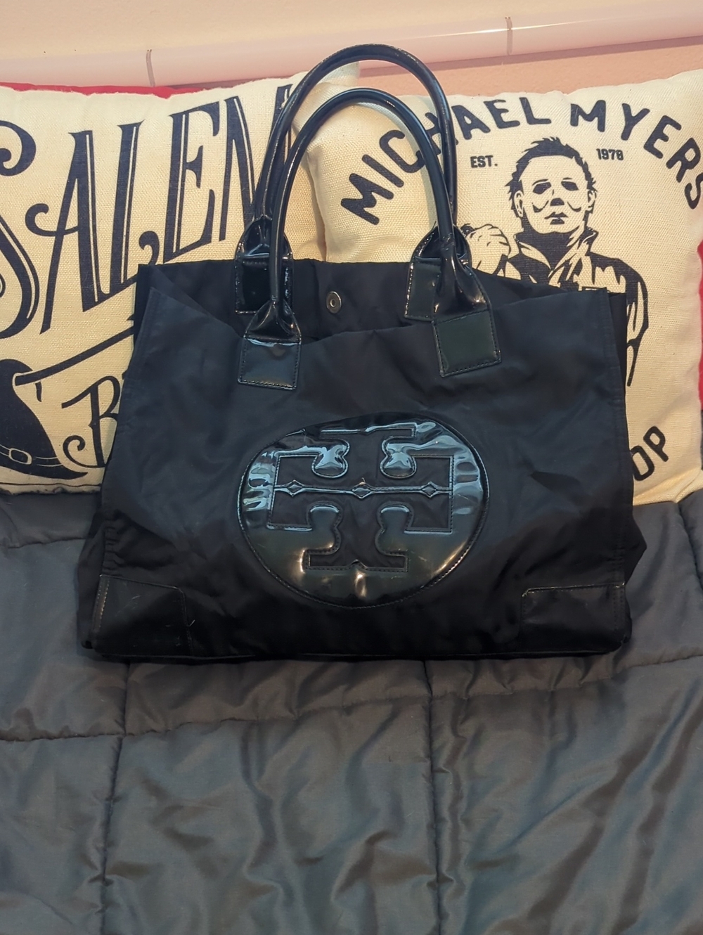 Authentic Tory Burch Black Nylon Ella Large Tote Bag